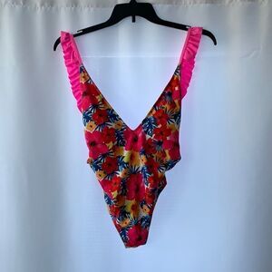Size small pink, blue, red, yellow and white ruffle one piece swimsuit